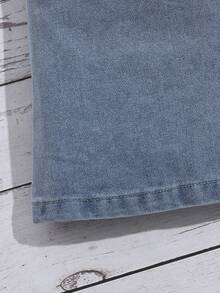 Celana Pendek Denim untuk Balita Perempuan, Model Kaki Melebar, Gaya Baru Serbaguna dengan Hiasan Pita Mutiara dan Belahan di Bagian Bawah, Jeans Ringan dan Tidak Melar - Biru - View 7