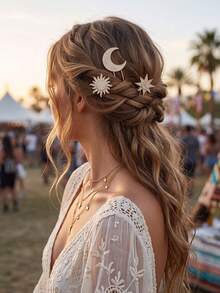 3pcs/Set Bohemian Style Sun Moon Star Hair Stick Set, Luxury Gold Shiny Rhinestone U-Shaped Hair Pins, Versatile Daily Photography Party Braided Hair Decoration Headpiece - Gold - View 4