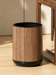 1pc Modern Retro Faux Wood Grain Round Double Layer Hidden Trash Can, Black Non-Slip Base, Bagless Design, Large Capacity, Suitable For Living Room, Bedroom, Nightstand, Bathroom, Office, Hotel And Home Decor, Japanese Minimalist Fashion Room Aesthetic Decoration, Thickened Anti-Drop Waste Paper And Miscellaneous Storage Bin, Bathroom Toilet Paper Basket - View 7
