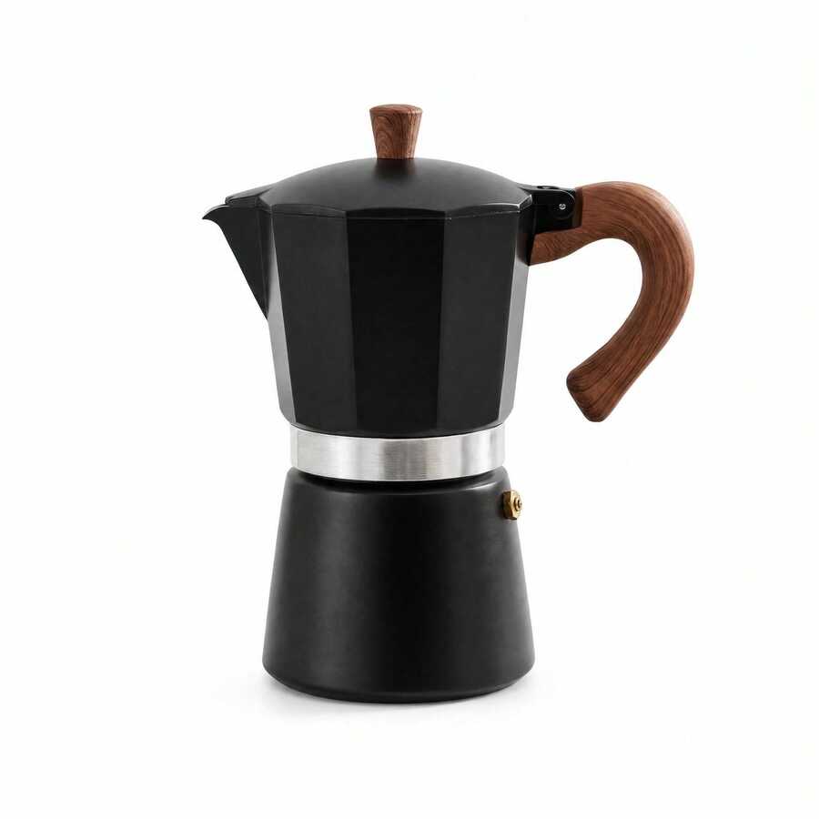 6-Cup Capacity Aluminum Moka Pot, Fast Extraction, Wood-Grain Plastic Handle, Compact And Portable, Suitable For Camping And Home Use. - Black - View 1