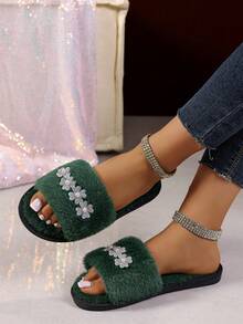 Women Slip On Cow Decor Closed Toe Backless Mule Slippers - Green - View 4