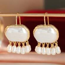 DIYCCPC Vintage Luxury Faux Pearl Tassel Drop Earrings, Textured Metal Frame Design, Exquisite Accessory Suitable For Weddings, Festivals And Daily Wear - Gold - View 3