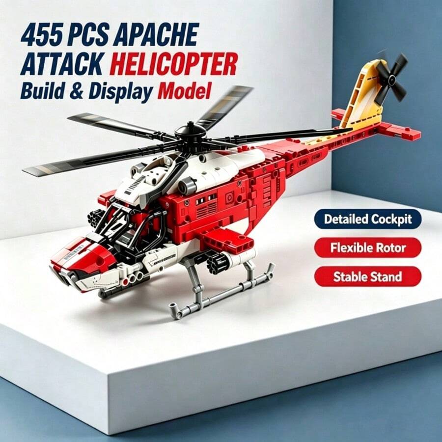 455 قطعة من كتل بناء طائرة هليكوبتر هجومية أباتشي، نموذج عرض طائرة عسكرية للبالغين، هدية لعيد الهالوين والكريسماس وعيد الشكر وأعياد الميلاد - ابيض واحمر - مشاهدة 1
