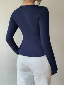 SCARLUX Autumn Y2K Deep Blue V-Neck Fitted Long Sleeve Top, Basic Style, Suitable For Back To School, Business And Casual Wear - Navy Blue - View 11