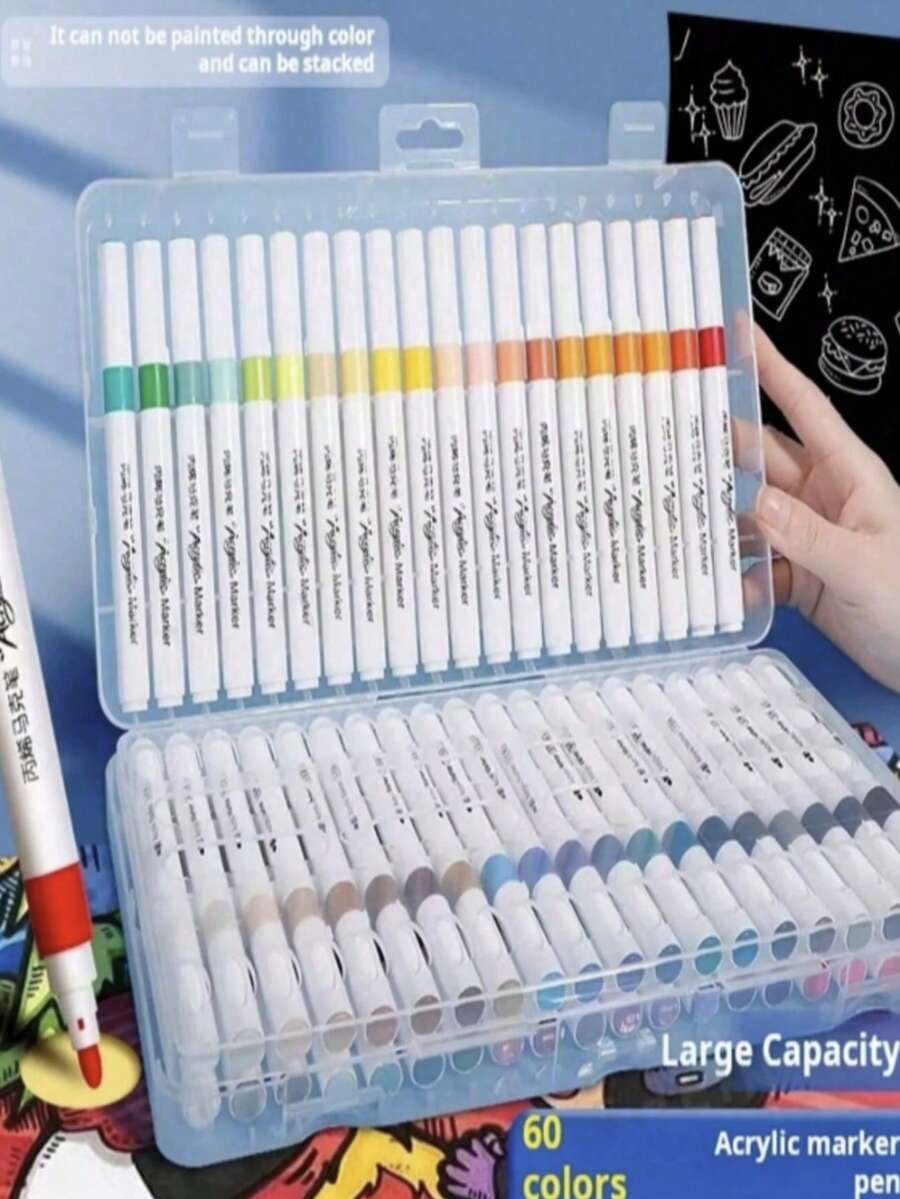 12/24/36/48/60 Colors Acrylic Marker Pens Large Capacity Opaque Washable Art Painting Markers For Elementary School Students (Boxed) - Multicolor - View 1