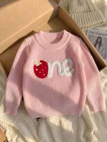 Girls' Cute Strawberry Letter Embroidered Knit Pullover Sweater, Long Sleeve, Suitable For Casual Daily Wear In Spring, Autumn And Winter - Pink - View 2
