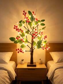 1 buah Lampu Pohon LED Daun Hijau Berry Merah 60cm, 24 LED, Daya Ganda USB & Kotak Baterai 3-AA, Cahaya Hangat, Ornamen Meja untuk Dekorasi Rumah dan Kamar Tidur Liburan Natal (Baterai Tidak Termasuk) - Kuning - View 2