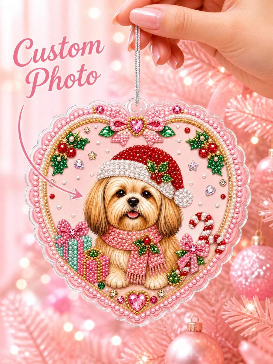 Custom Pet Photo DIY Pearl Diamond Painting Style Christmas Ornament, Custom Pet Memorial Keepsake Xmas Tree Decoration, Holiday Gift For Pet Owners,Custom Dog Cat Image Xmas Tree Decor, Pet Lover Holiday Souvenir Gift