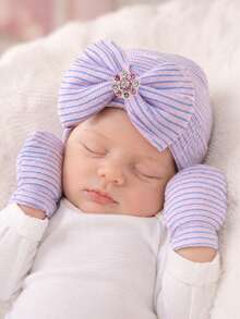 1 Set Newborn Baby Girl Striped Rhinestone Bow Hat + Anti-Scratch Mittens Set, Soft Elastic Breathable Warm Baby Accessories, Suitable For 0-3 Months, Perfect For Daily Wear, Photo Shoots And Parties - 1Set - View 5