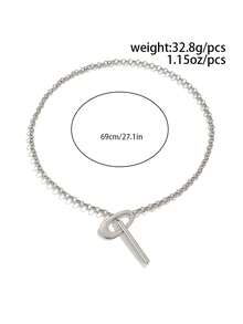 1pc Punk Creative Geometric Oval Buckle Metal Long Necklace, Men's Daily Party Accessory, Gift For Family, Partner, Friends, Valentine's Day Gift - Silver - View 5