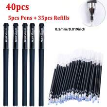 40-Piece Quick-Dry Gel Pen Set, Includes 5 Pens And 35 Refills, 0.5mm Fine Tip, Black Ink - Suitable For Office And Daily Use - Round - View 5