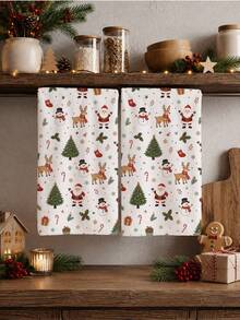 2pcs Christmas Cartoon Santa Claus Snowman Christmas Tree Reindeer Pattern Kitchen Towels, Soft Polyester Dish Cloths, Suitable For Kitchen Decor, Kitchen Cleaning, Holiday Party Decoration, Kitchen Bathroom Supplies Home Essentials, Home Decor, Housewarming Gift - Multicolor - View 2