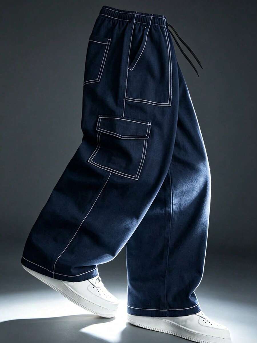 Men's Summer Thin Contrast Stitching Cargo Pants, High Drape Loose Fit, Elastic Drawstring Waist, High Street Style Long Pants Sports