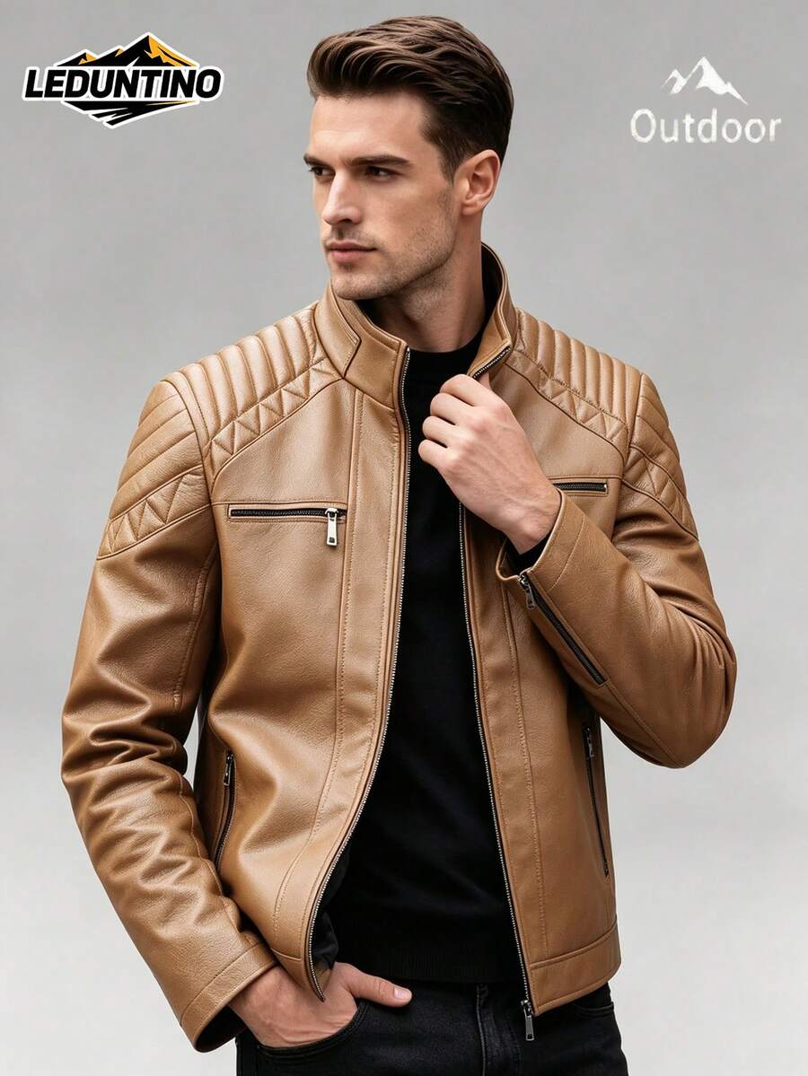 LEDUNTINO Men's Fashion Zipper Casual Outdoor Motorcycle Leather Jacket, Sports Style Solid Color Aviator Jacket, Spring/Autumn Stand Collar Motorcycle Windbreaker Leather Jacket - Brown - View 1