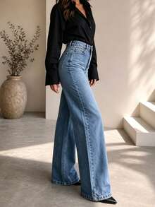 Women's New Autumn/Winter Washed Vintage Wide Leg Jeans, Mid-Stretch Long Pants, Autumn Outfit - Light Wash - View 4