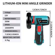 TORPOW 12V 無繩迷你角磨機，76mm 磨盤，10000RPM，多種選項：僅工具 / 含電池套件，切割、拋光、打磨、除鏽電動工具 - 藍色 - 查看 2