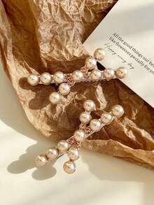 2pcs Women New Fashionable Champagne Pearl Cross Hair Clip, Side Bangs Clip, Diamond Studded Side Clip Hair Accessory - Multicolor - View 3