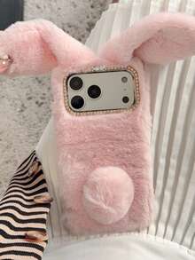 冬季時尚可愛毛絨兔子手機殼，適用於 iPhone，防摔、保暖、絲滑柔軟觸感、毛茸茸手機殼 - 粉色 - 查看 3