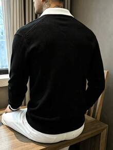 Black And White Contrast Collar Knit Polo Shirt Men's Slim Fit Soft Knit Long Sleeve Base Layer Top - Black - View 3