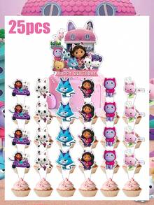 MASSDI Gabby Dollhouse Theme Cupcake Toppers Set, 2 Options 13pcs/25pcs, Cartoon Character Cake Decoration Picks, Complete Dessert Decoration Set, Suitable For Birthday Celebrations, Holiday Parties And Gabby Dollhouse Theme Scene Decor - View 3