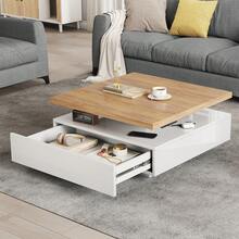 Multifunctional Square 360° Swivel Coffee Drawer, White High-Gloss 2-Tier Centrally Swivel Table And Storage Cabinet, Walnut Particle Board Frame Living Room Side Table, White - Walnut + White - View 4