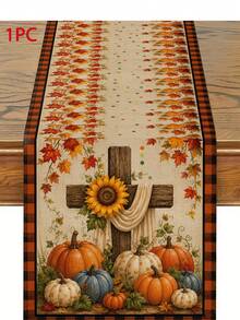Autumn Thanksgiving Rustic Style Cross Sunflower Pumpkin Maple Leaf Plaid Table Runner Pillow Placemat Kitchen Dining Table Decor - Multicolor - View 12