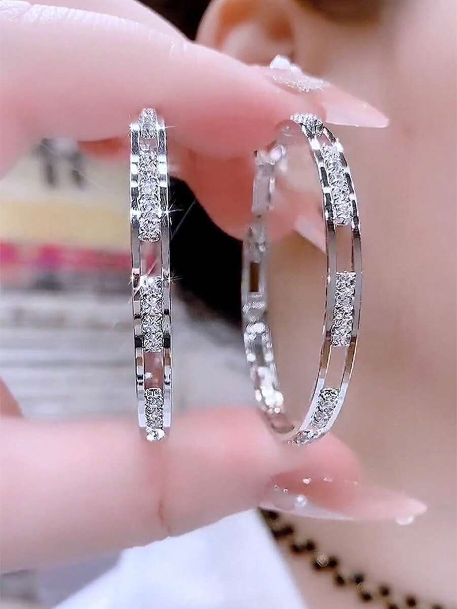 1 Pair Women's Silver C-Shaped Earrings, Sparkling Rhinestone Spring-Style Ear Clips, Minimalist Elegant Daily Party Jewelry Accessories - Silver - View 1