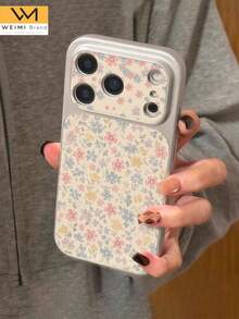 WeiMi 1pc Cute Pink & Blue Floral Pattern Full Coverage Button Classic Anti-Drop Metal Paint Premium Texture Soft Texture PU Leather Phone Case, Suitable As Birthday Gift, Holiday Gift For Friends, Family, Couples, Yourself, Compatible With IPhone 17/16/15/14/13/12/11 Series - Multicolor - View 3