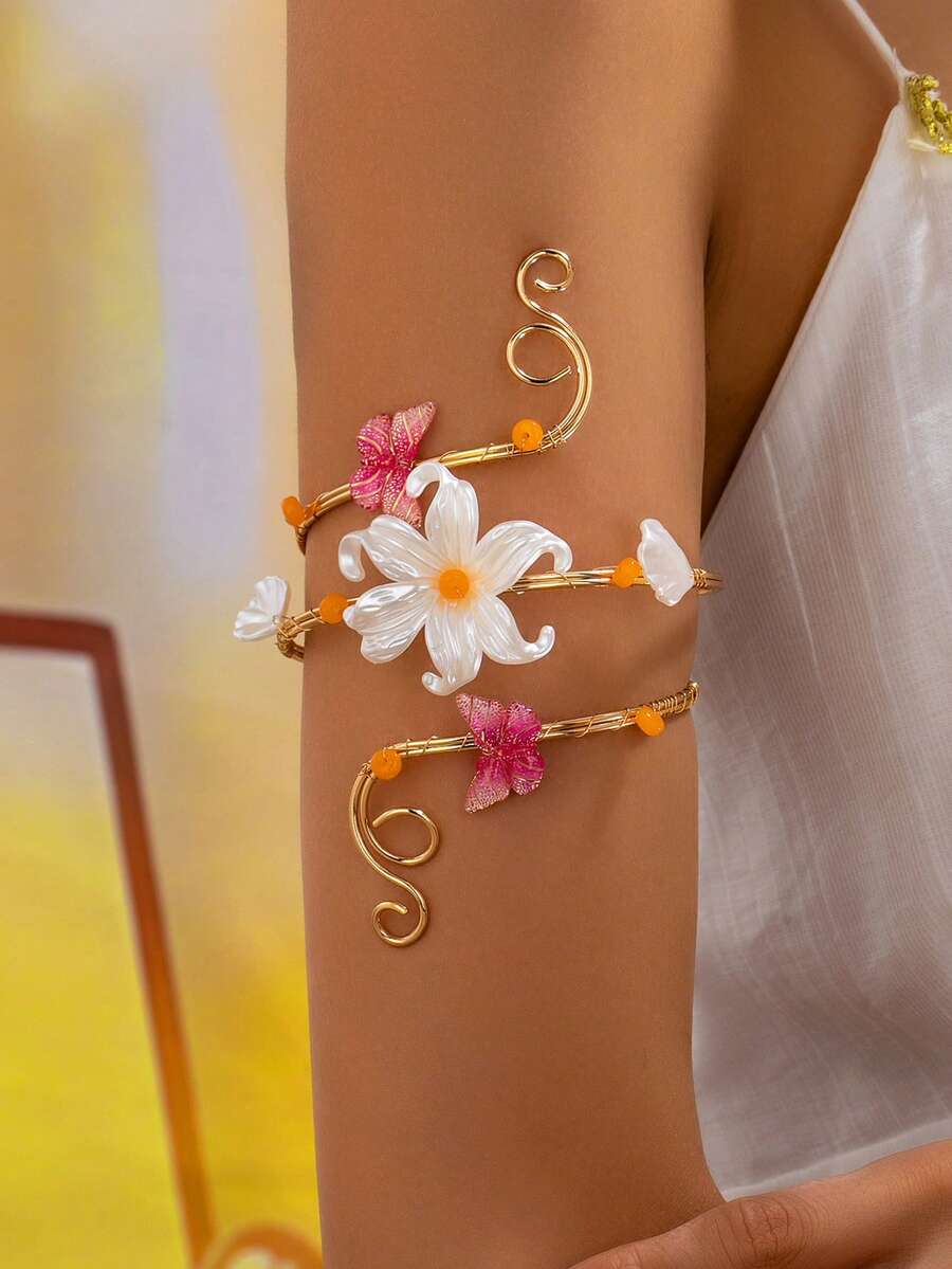 1pc Bohemian Floral Butterfly Arm Cuff Open Bangle Beach Vacation Body Accessory - White - View 1