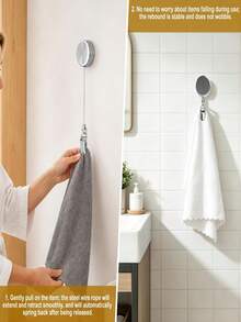 2pcs Automatic Retractable Towel Rack, No-Drill Adhesive Wall Mount Hand Towel Holder, Auto-Rebound Strap With Strong Clip, Adjustable Tension, Bathroom Kitchen Storage Rack, Suitable For Home And Hotel - Multicolor - View 3