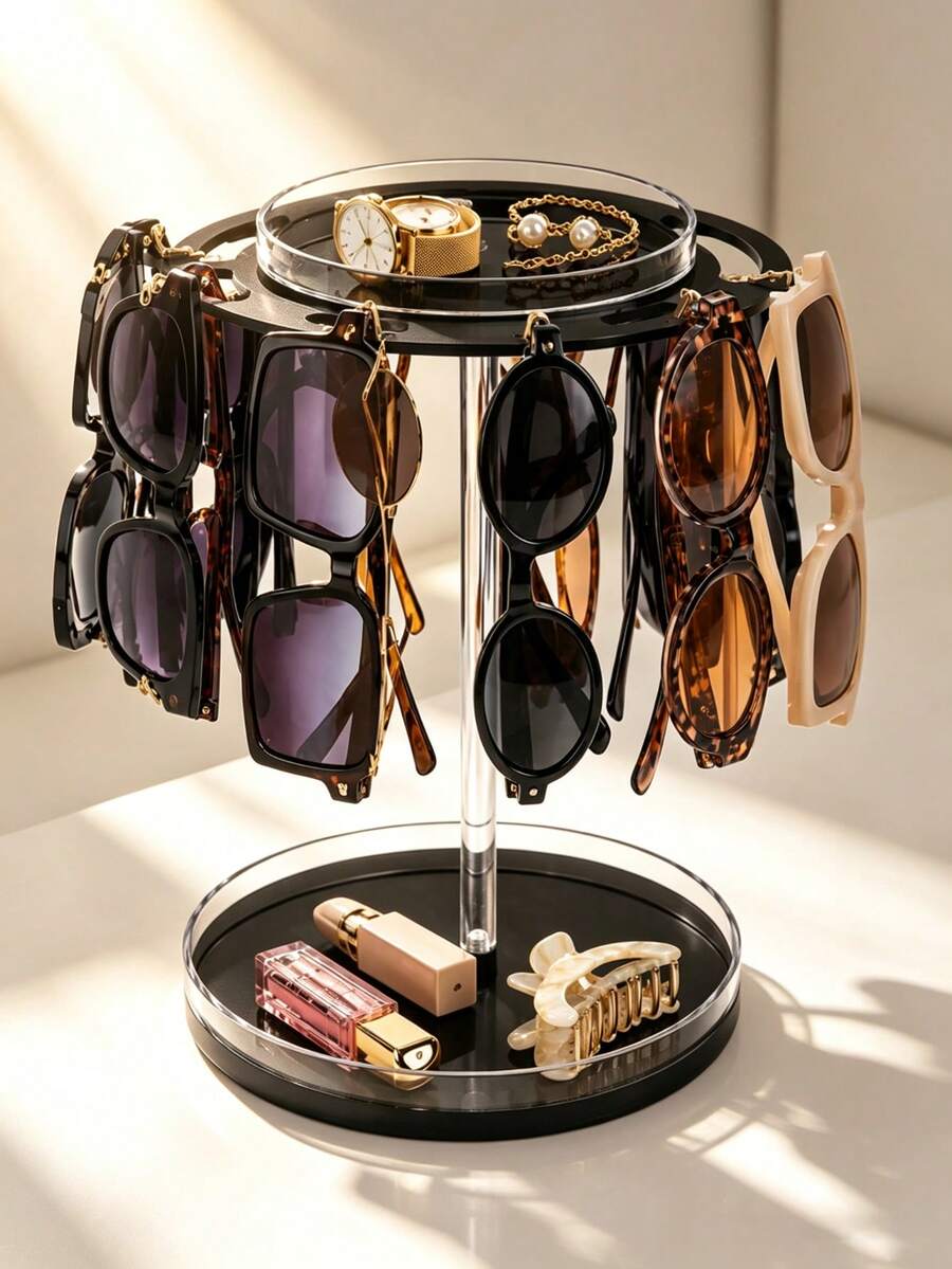 1pc 360° Rotating Fashion Glasses Storage Rack, Acrylic Glasses Holder With Tray, Glasses Storage Rack With Storage Base, Suitable For Vanity, Desk, Bedside Table And Home Decor, Black,Bedroom Room Decor,Back To School