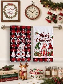 2pcs Red & Black Plaid Cute Gnome Christmas Tree Snowflake Pattern Kitchen Towels, 40*60cm Soft Microfiber Material Tea Towels, Suitable For Home Kitchen Restaurant Outdoor Camping Tabletop Cleaning Dish Cloth Hand Towel Accessories Christmas Theme Kitchen Towels Holiday Gift - Multicolor - View 5