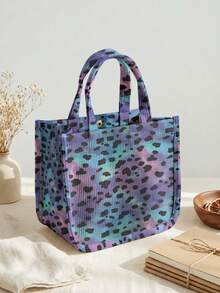 1pc Leopard Print Patterns Corduroy Tote Bag, Snap Button Closure Cute Handbag, Reusable Lunch Tote Bag For Student School Daily Outdoor Shopping Use - Multicolor - View 6