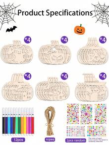 12/25/38 Halloween DIY Wooden Hanging Decor Set - Unfinished Decorations With Randomly Matched Colored Pens, Pom Poms, Gem Stickers And Jute Rope - Creative Painting Activity, Suitable For Halloween Parties, Pajama Parties, School Art Projects And Artistic Hanging Decor - Pumpkin - View 14