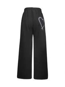 Women's Heart Graffiti Drawstring Loose Straight Leg Casual Sweatpants, Autumn Clothing - Black - View 4