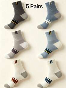 Gift Box Men's Multi-Color Contrast Stripe Ribbed Cuff Cotton Sweat-Absorbent Breathable Casual Sports Mid-Calf Socks For Daily Commute - Multicolor - View 4