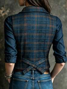 Women's Vintage Plaid Double Breasted Vest For Autumn Winter Sleeveless Lapel Jacket Fall Casual Western Going Out Tops - Navy Blue - View 3