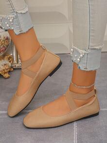 Spring/Autumn New Women's Apricot Flat Shoes With Cross Elastic Strap, Square Toe Slip-On, Soft Versatile Ballet Style Mary Jane Shoes - Apricot - View 1
