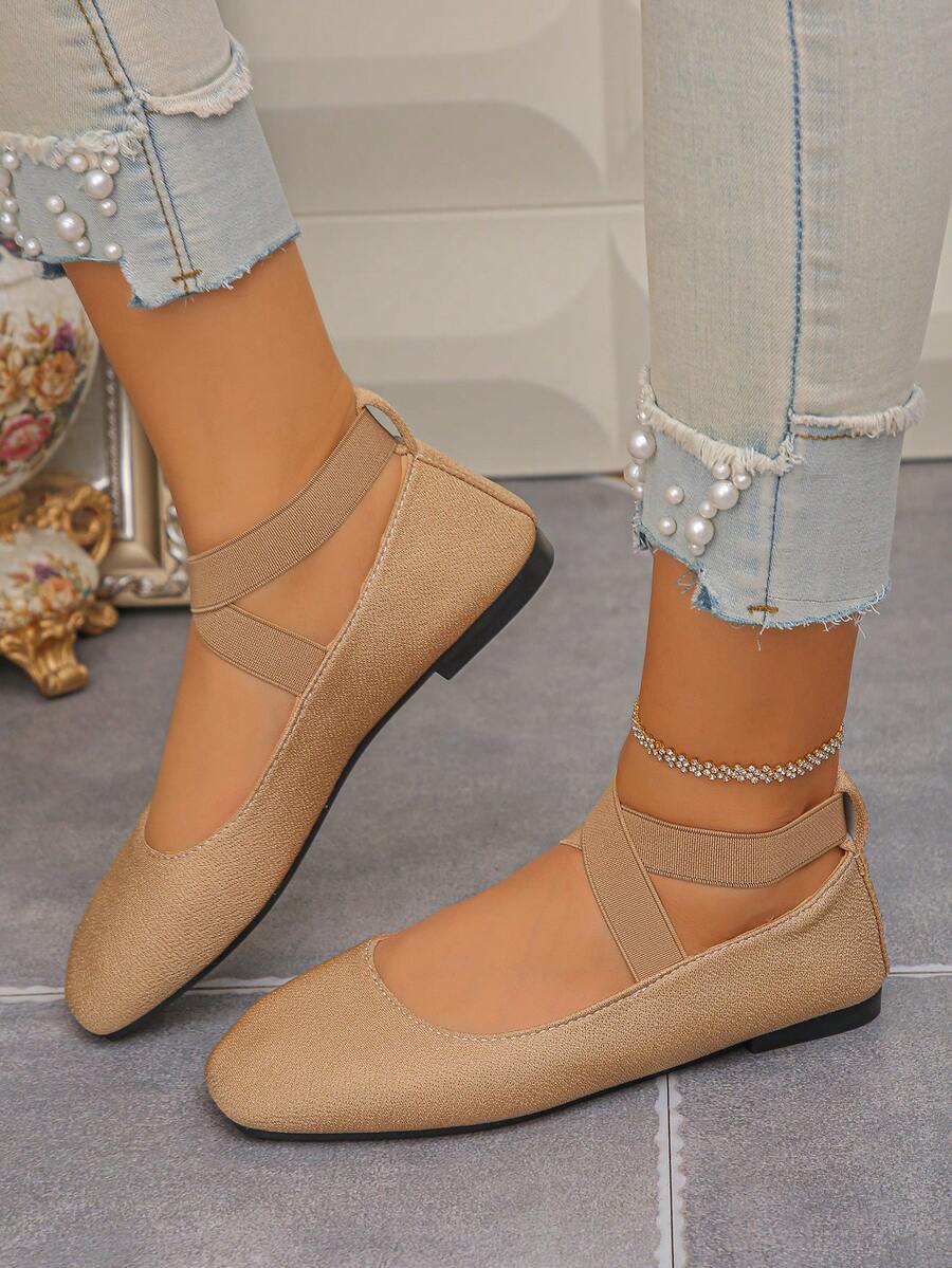 Spring/Autumn New Women's Apricot Flat Shoes With Cross Elastic Strap, Square Toe Slip-On, Soft Versatile Ballet Style Mary Jane Shoes - Apricot - View 1