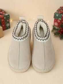 Girls' Fresh Healing Beige Woven Trim Thermal Lined Short Snow Boots, Suitable For Winter Gatherings And Holiday Outfits - Beige - View 3