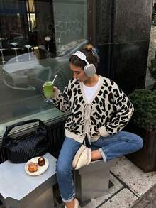 Women's Fashion Leopard Print Cardigan Long Sleeve V-Neck Tie Ribbed Knit Sweater For Look - Apricot - View 6