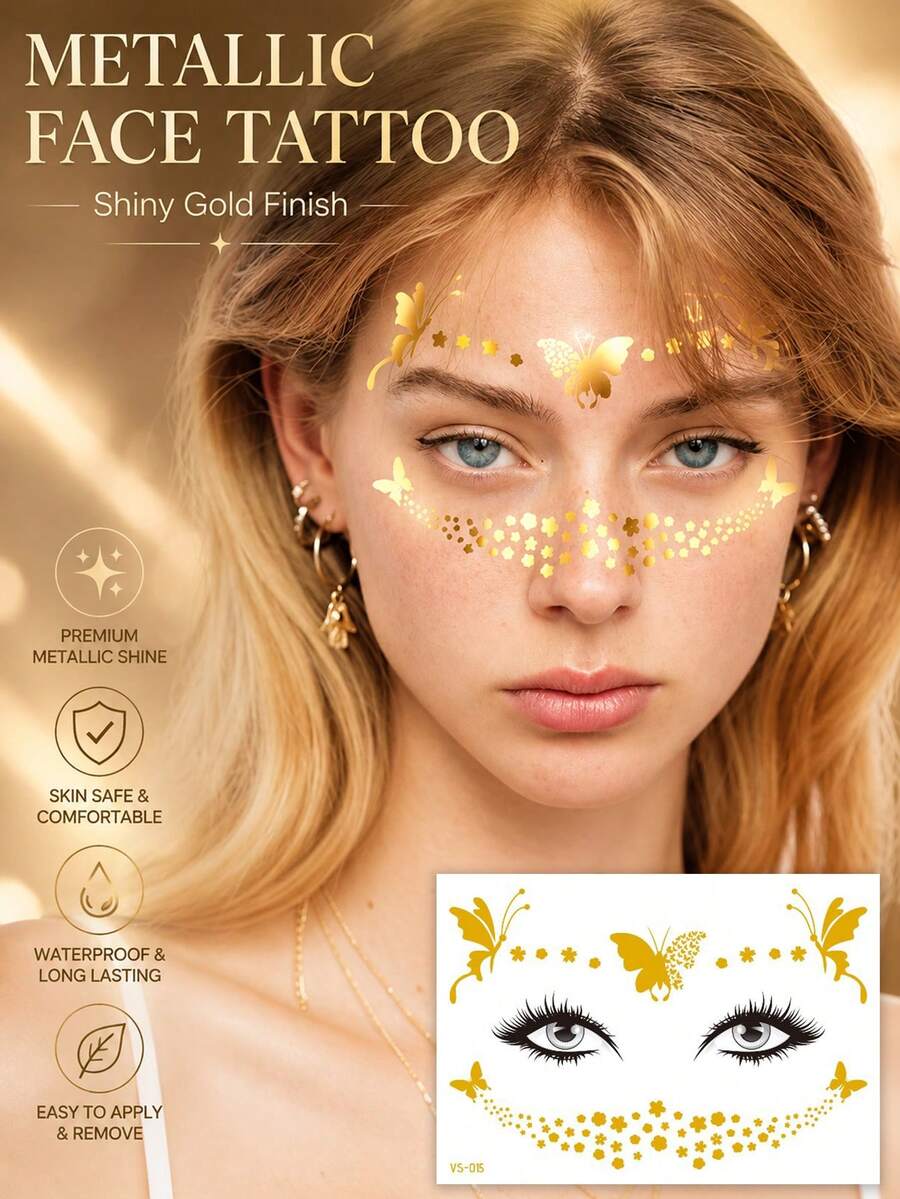 Metallic Gold Butterfly & Floral Face Tattoos For Women, Shiny Temporary Face Tattoo Stickers, Waterproof Festival Makeup Decals For Parties, Raves, Concerts, Halloween & Cosplay - Multicolor - View 1