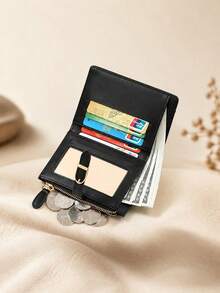 Dompet Pendek Wanita Kulit PU Patchwork Baru, Dompet Lipat Mewah, Dompet Minimalis, Tempat Kartu, Penutup Kancing Jepret, Dompet Pria, Dompet Mini, Dompet Kulit, Dompet Kecil, Dompet Kartu, Dompet Koin - Hitam - View 4