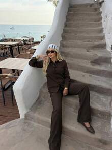 Two Pieces Set With Chinese-Style Knotted Buttons: Long-Sleeved Collared Shirt And High-Waisted Wide-Leg Trousers-Suitable For Work. - Brown - View 3