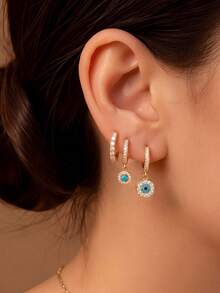 6pcs Fashion Round Colorful Zirconia Stud Earrings, Evil Eye Exquisite Ear Jewelry, Suitable For Autumn Outfit And Daily Wear, Beautiful Jewelry Gift - Evil Eye - View 3