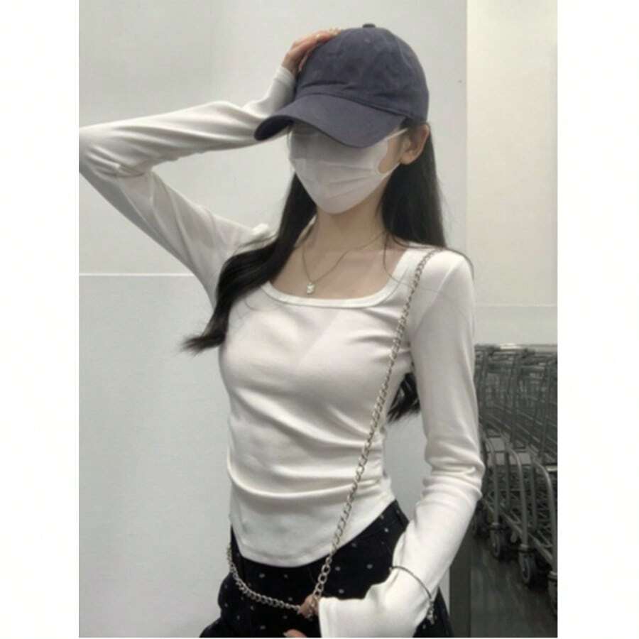 Kaos Wanita Lengan Panjang Kerah Persegi Putih Pas Badan, Busana Musim Gugur, Modis, Desain Berkerut Serbaguna, Atasan Pendek Slim Fit - Putih - View 1