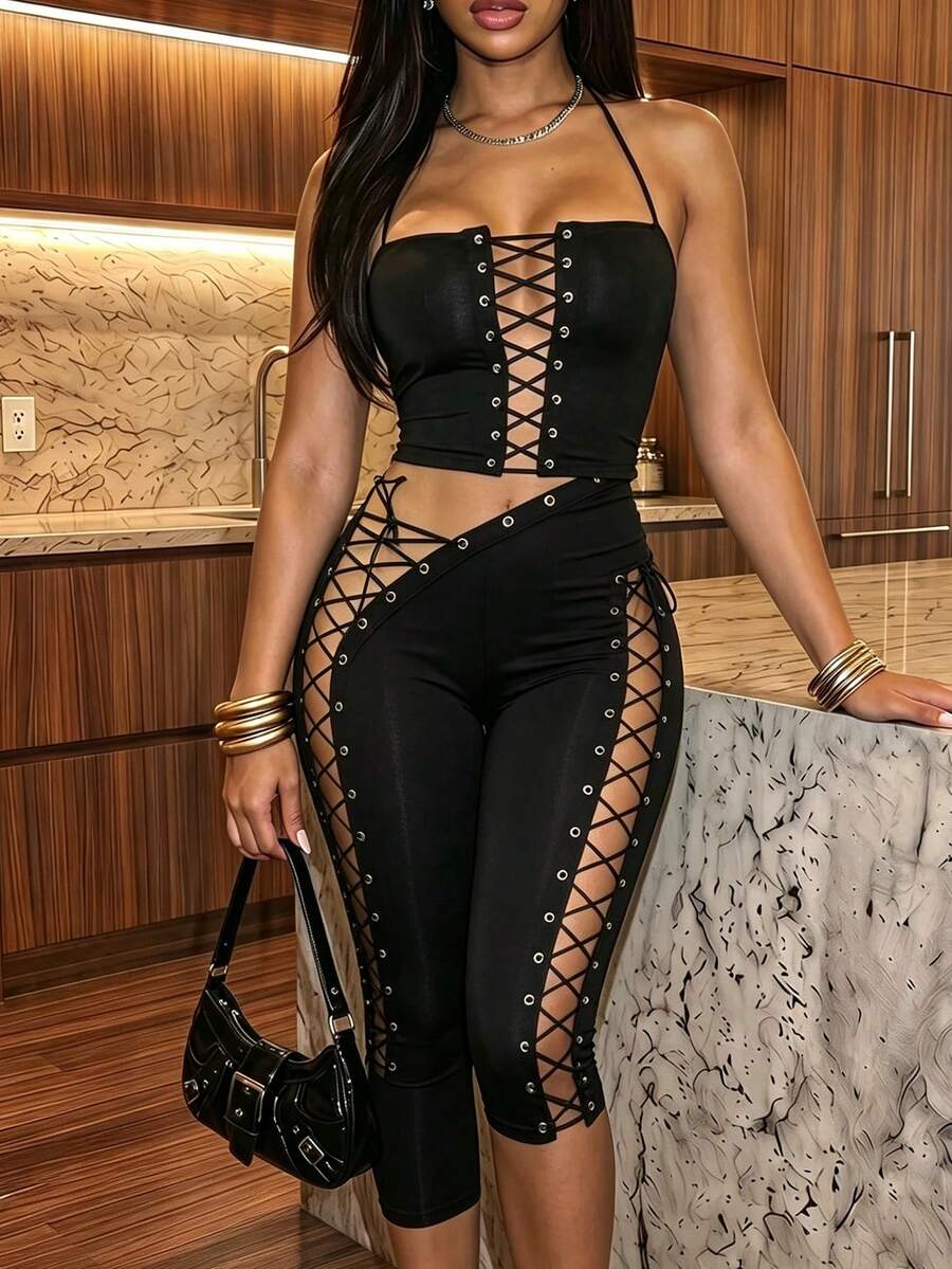 SSAS Women's Autumn/Winter Sexy Casual Black Knitted 3/4 Pants, Side Lace-Up Hollow Design, Suitable For Halloween, Outings, Music Festivals, Party Wear