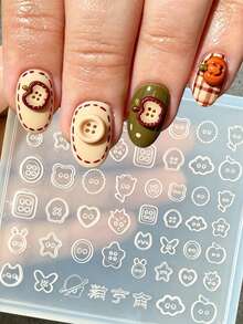1Pc Cute Button Silicone Nail Art Mold, 3D Cartoon Cat Rabbit Apple Star Button Flower Butterfly Multi‑Pattern Nail Carving Template Reusable Clear 3D Embossed Resin Casting Template For DIY UV Gel Nail Charms Salon Home Manicure Decorations - Clear - View 6