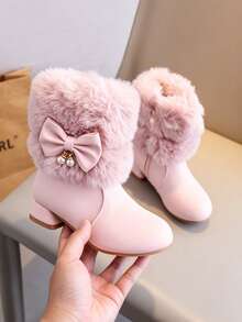 RS Pink Girls' Faux Fur Collar Mid-Calf Boots With Bow & Pearl Decor, Side Zipper, Low Block Heel, Faux Leather, Winter Dress Boots For Party & Daily Wear - Pink - View 3