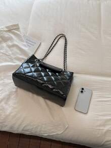 女款時尚大容量單肩托特包，極簡純色，斜挎通勤包，旅行通用鏈條包 - 黑色 - 查看 7